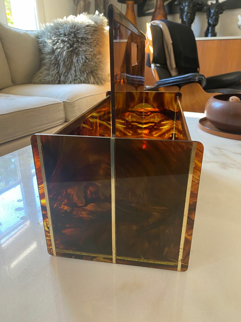 Maison Mercier Paris Magazine Rack In Lucite Tortoiseshell And Brass, 1970 photo 442.0