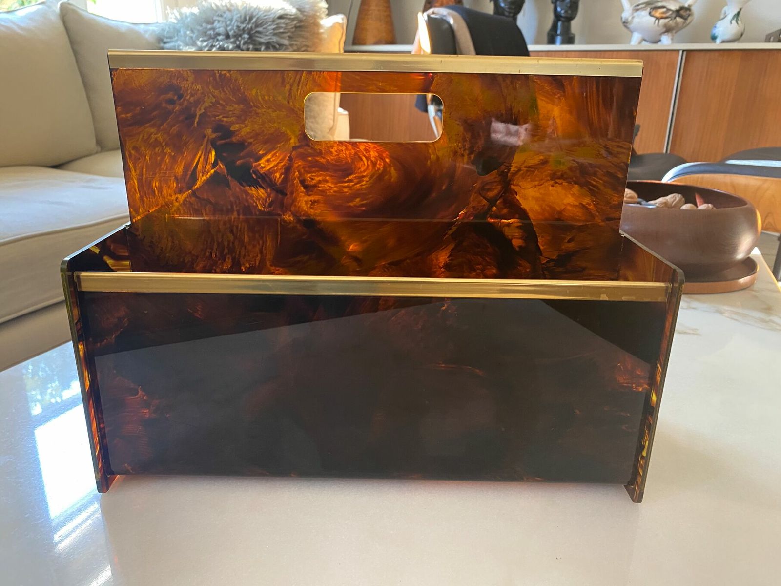 Maison Mercier Paris Magazine Rack In Lucite Tortoiseshell And Brass, 1970 photo buy