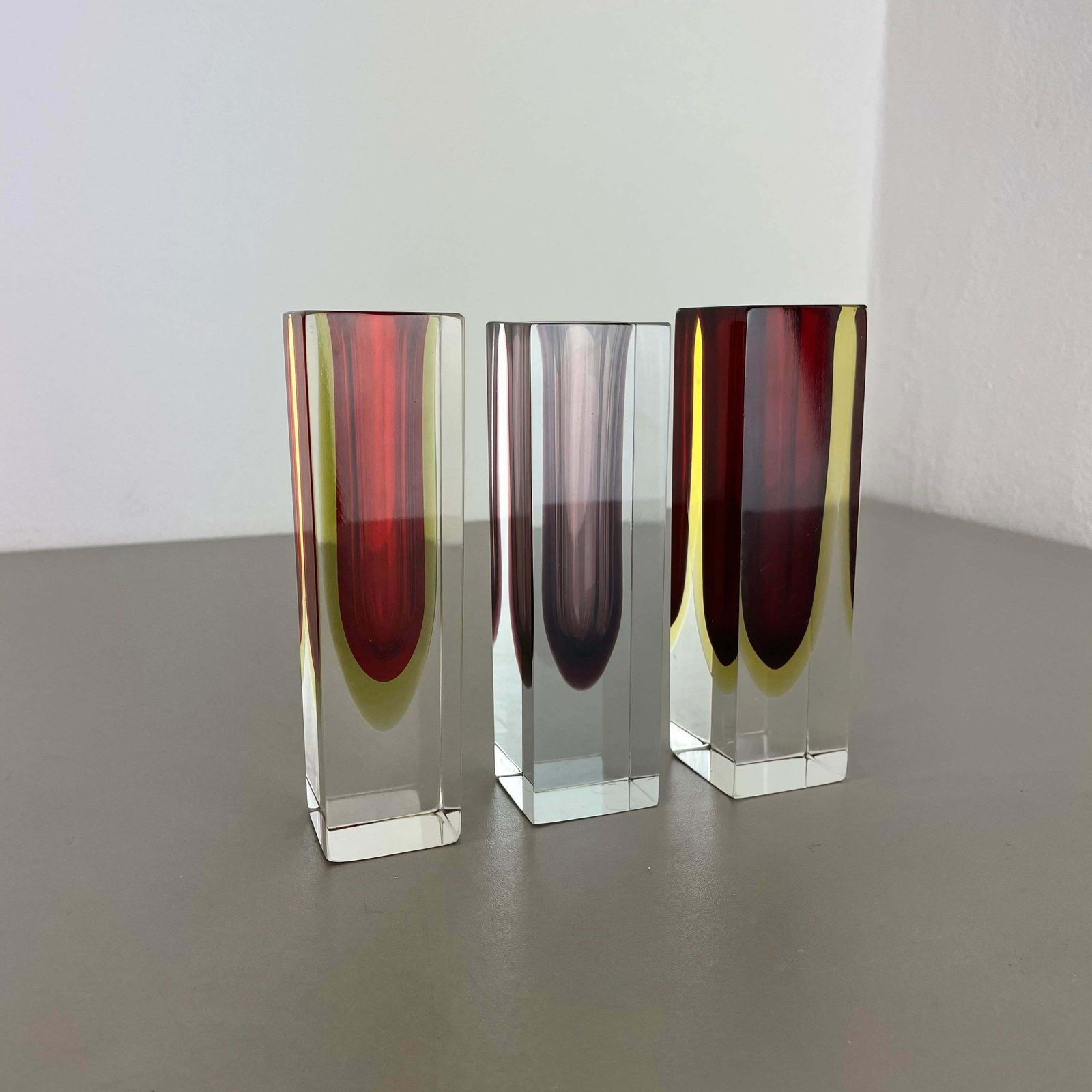 Rare Set Of 3 Multicolour Faceted Murano Glass Sommerso Cube Vases, Italy, 1970s photo furniture