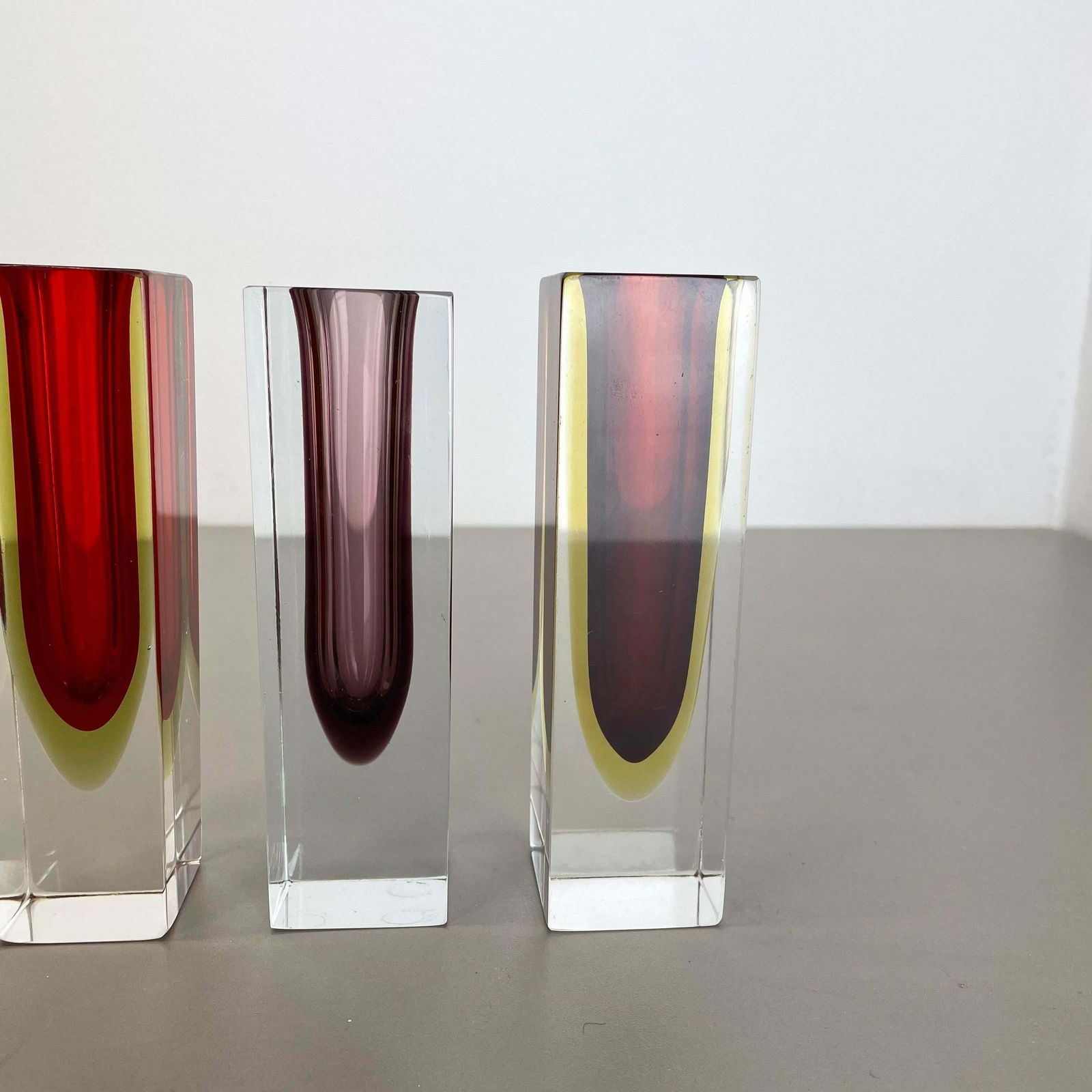 Rare Set Of 3 Multicolour Faceted Murano Glass Sommerso Cube Vases, Italy, 1970s photo Home Decor