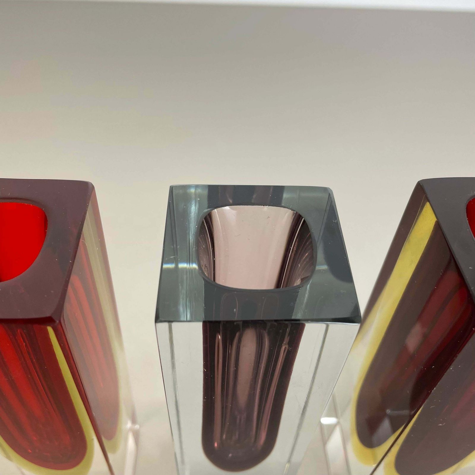 Home Decor Rare Set Of 3 Multicolour Faceted Murano Glass Sommerso Cube Vases, Italy, 1970s photo