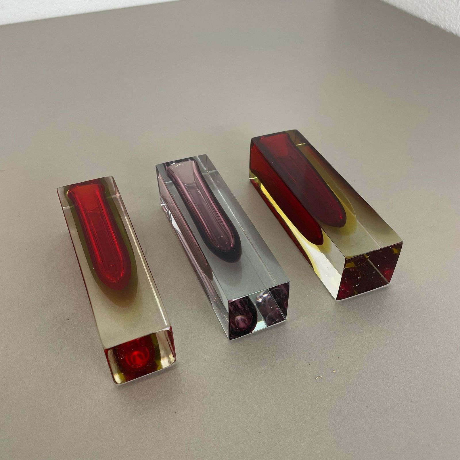 photo buy Rare Set Of 3 Multicolour Faceted Murano Glass Sommerso Cube Vases, Italy, 1970s