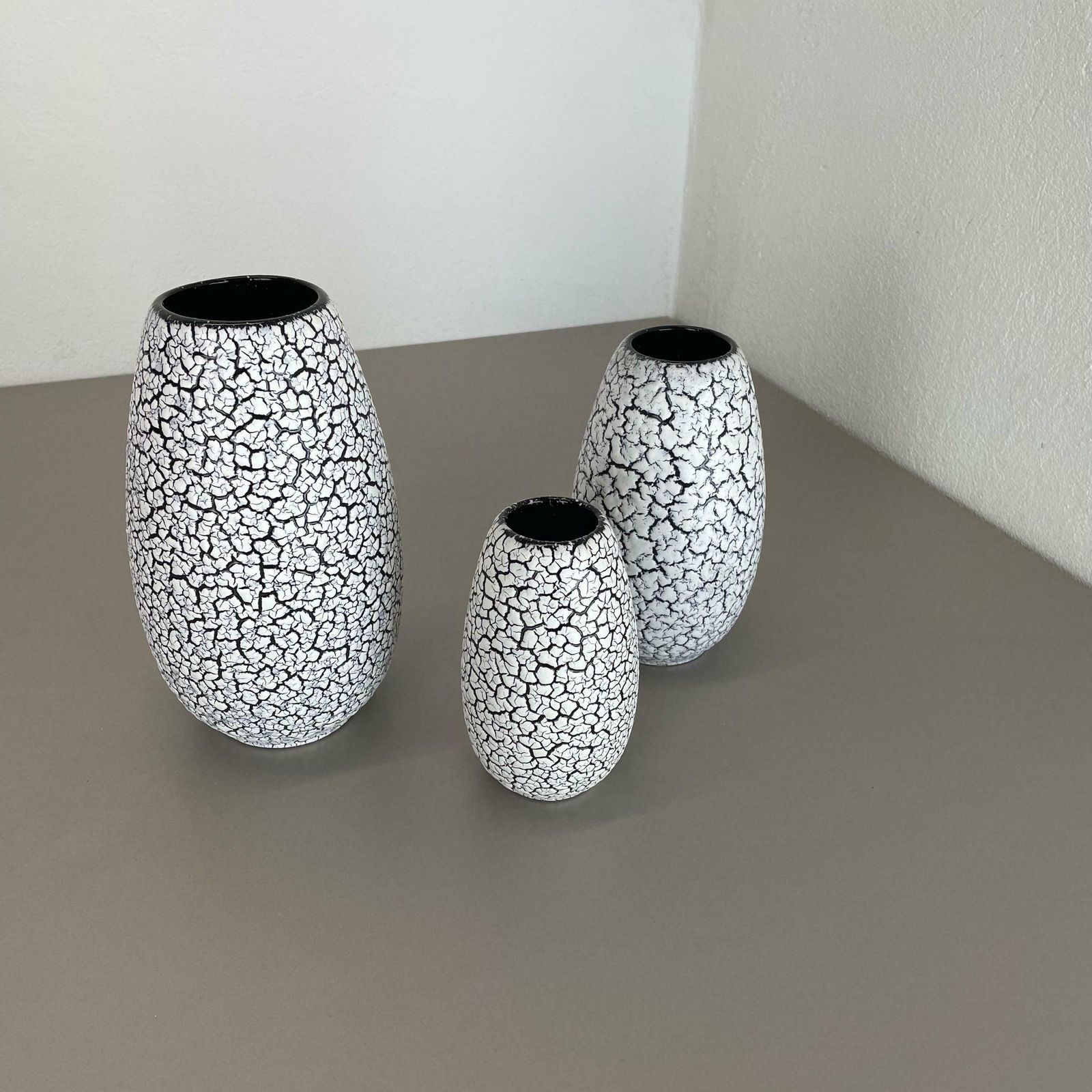 Set Of Three Pottery Fat Lava Vases "Craquele" By Jasba, Germany, 1970s photo Home Decor