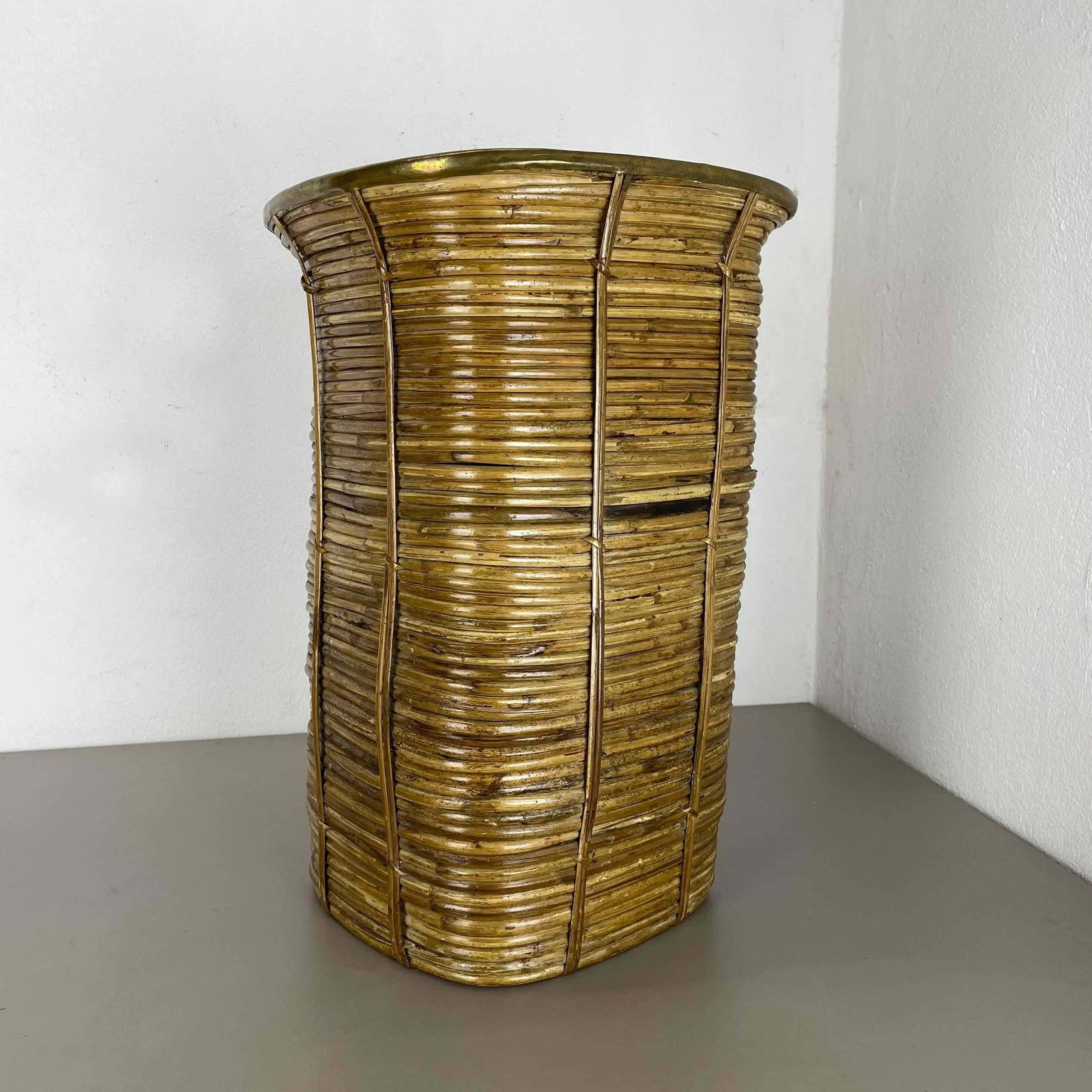 Aubock Style Rattan And Brass Bauhaus Waste Bin, Umbrella Stand, France, 1960s photo Home Decor