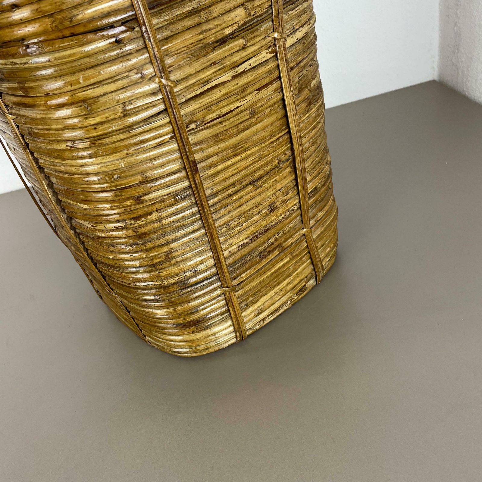 photo for sale Aubock Style Rattan And Brass Bauhaus Waste Bin, Umbrella Stand, France, 1960s