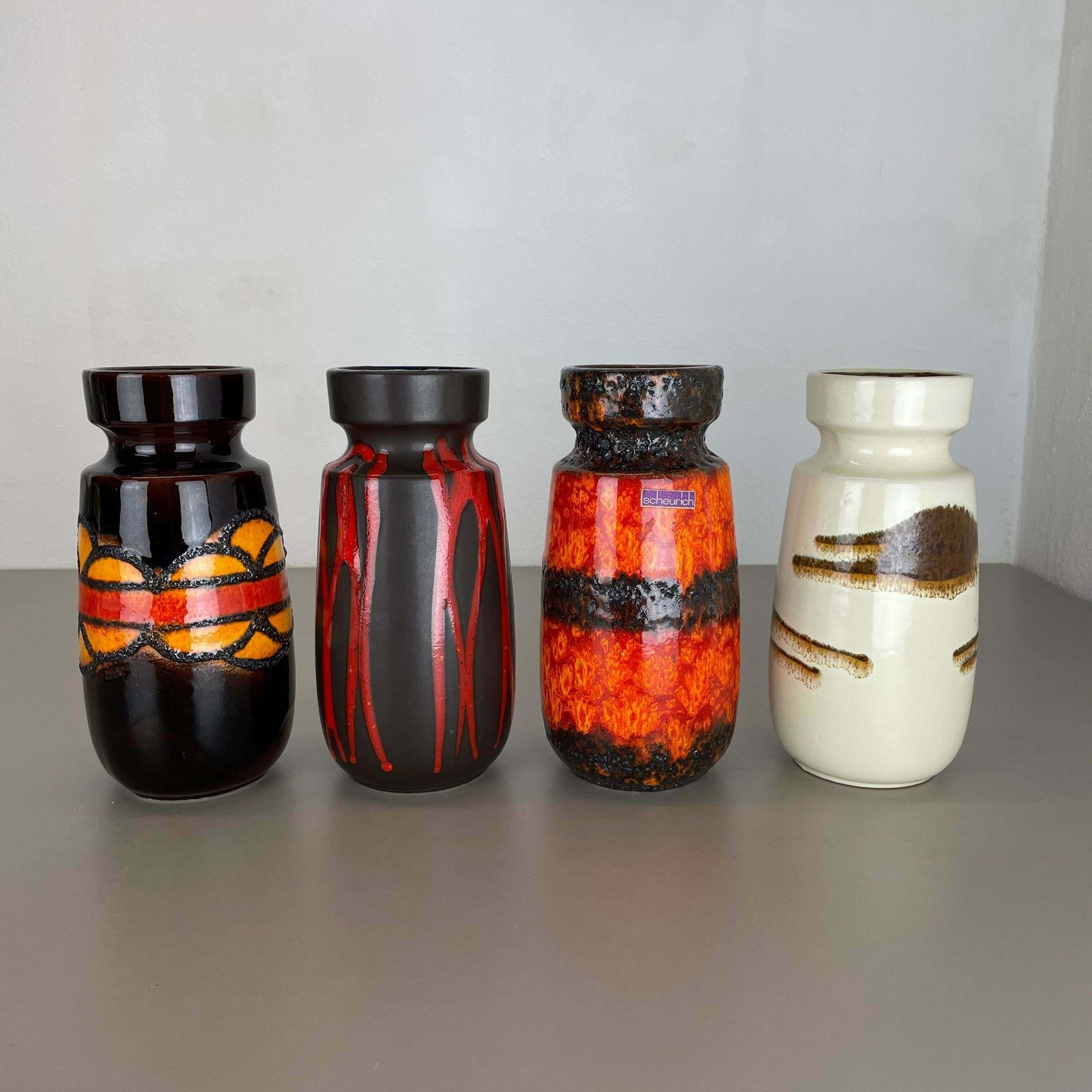 Set Of Four Vintage Pottery Fat Lava Vases Made By Scheurich, Germany, 1970s