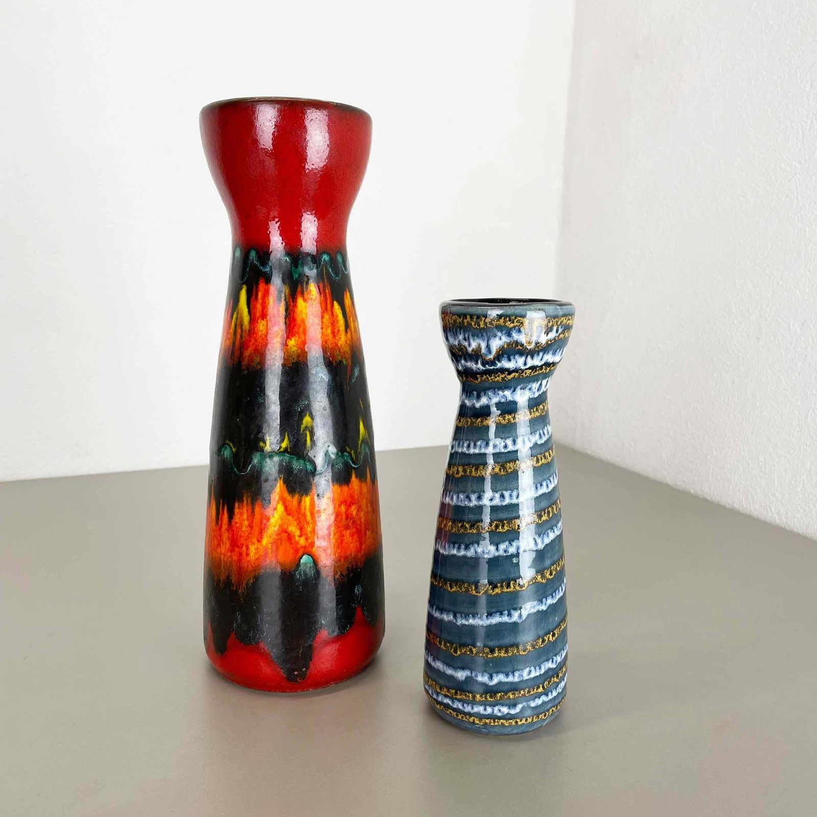 Set Of Two Pottery Fat Lava Vases "Multi Colour" By Scheurich, Germany, 1970s