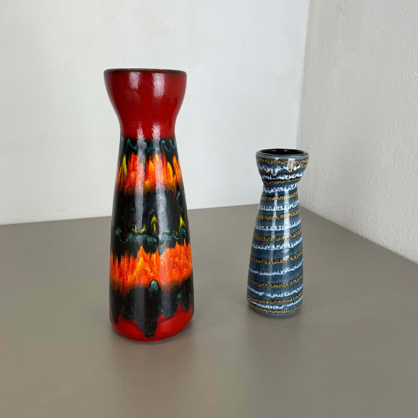 Set Of Two Pottery Fat Lava Vases "Multi Colour" By Scheurich, Germany, 1970s photo for sale