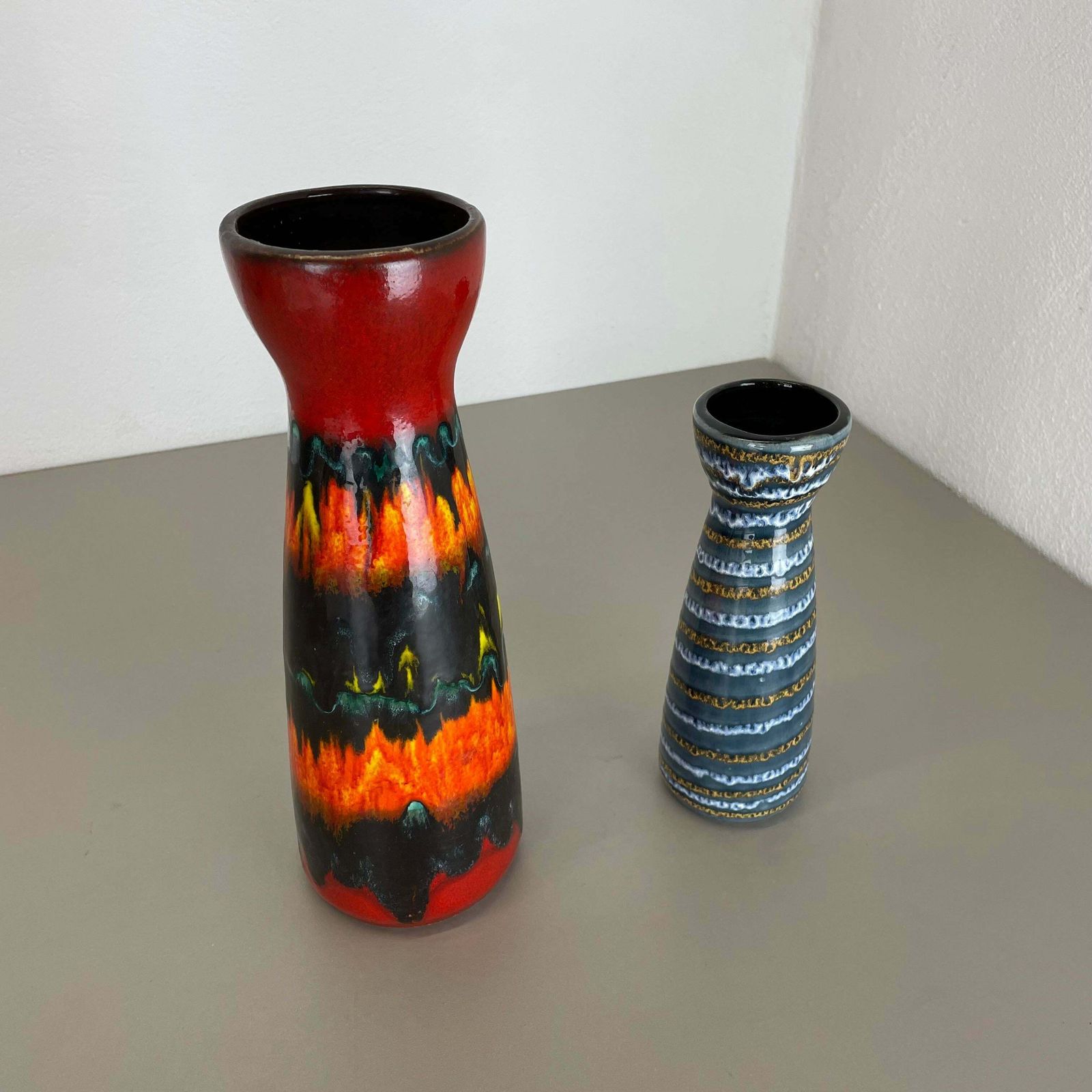 Set Of Two Pottery Fat Lava Vases "Multi Colour" By Scheurich, Germany, 1970s photo Home Decor