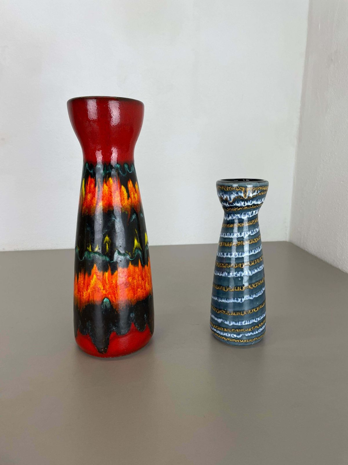 Set Of Two Pottery Fat Lava Vases "Multi Colour" By Scheurich, Germany, 1970s photo 445.0
