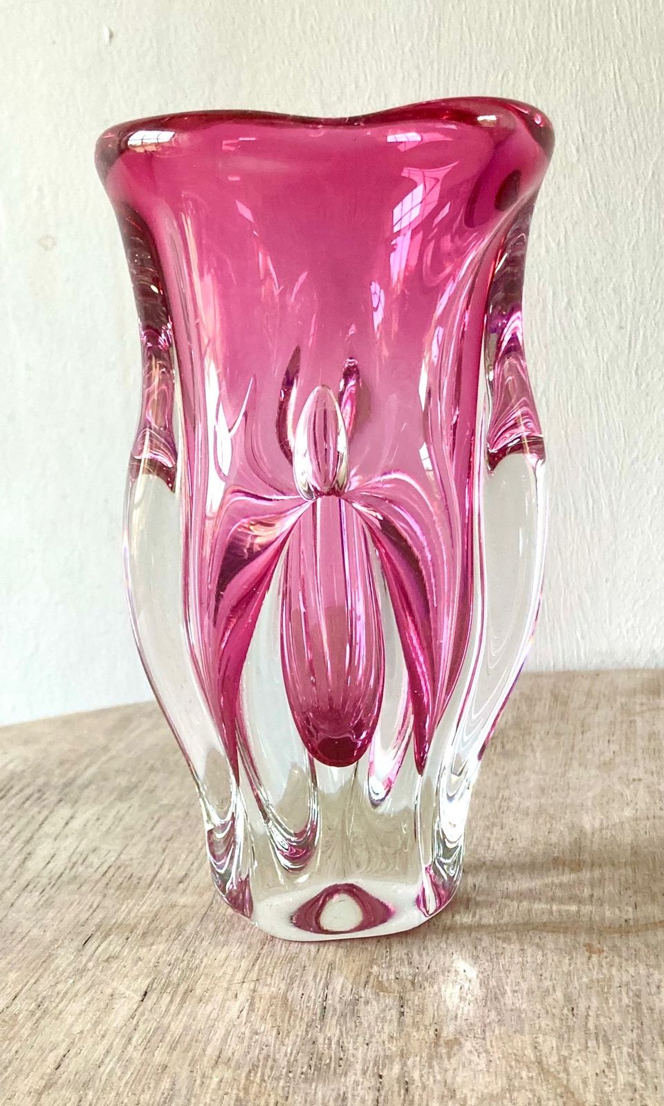 Mcm Tall Pink And Clear Sommerso Glass Chribskan Vase. Hospodka