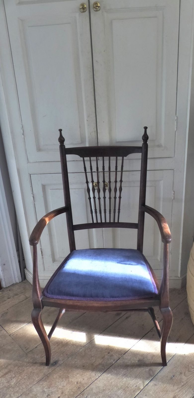 Edwardian Spindle Back Velvet Upholstered Mahogany Chair