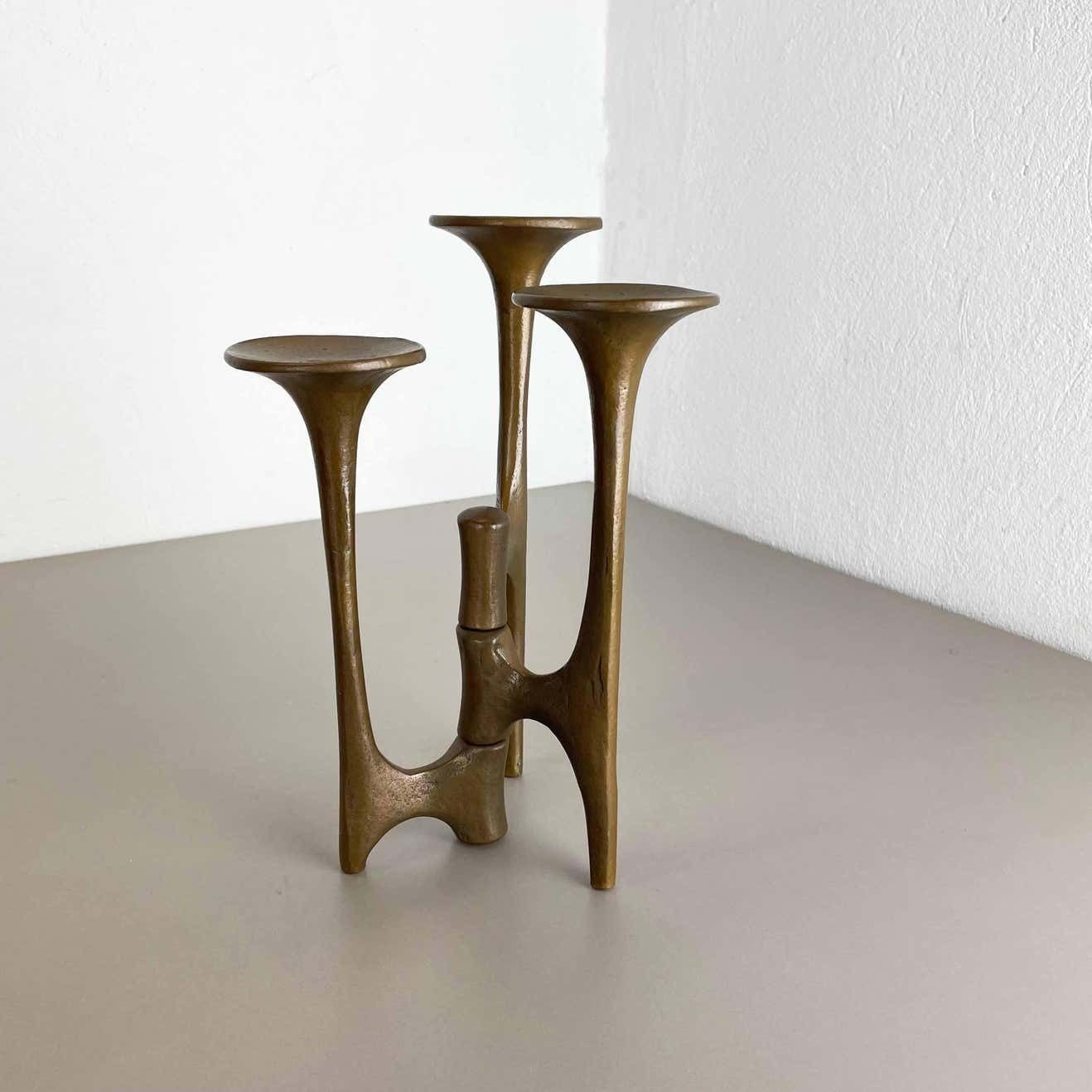 Midcentury Brutalist Bronze Tripod Candleholder By Michael Harjes, Germany 1960s photo vinterior