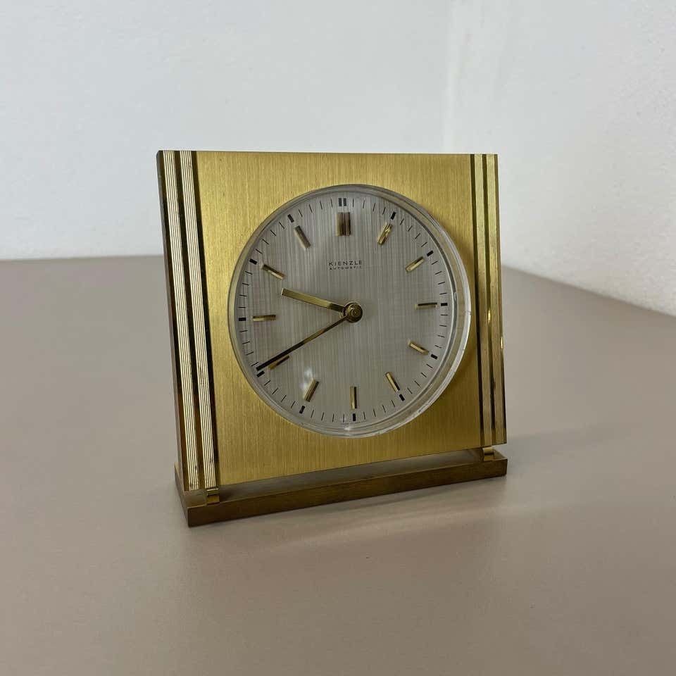 Vintage Hollywood Regency Brass Glass Table Clock By Kienzle, Germany 1960s photo furniture