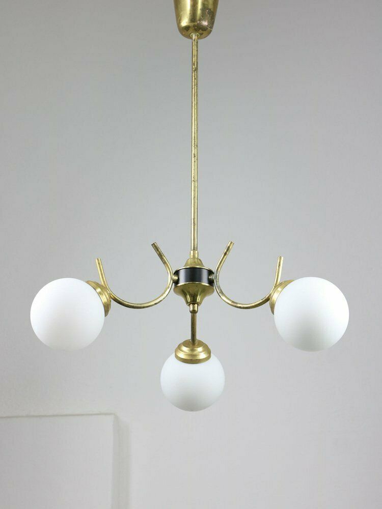 Mid Century Italian Chandelier In Brass And Opaline Glass