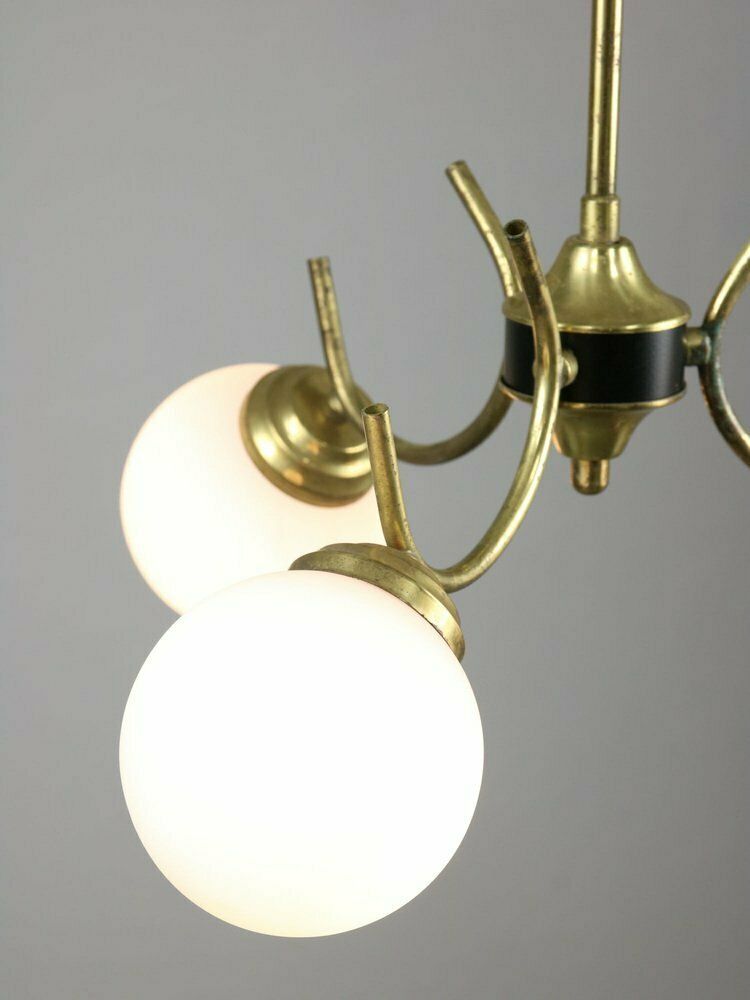 Mid Century Italian Chandelier In Brass And Opaline Glass photo for sale