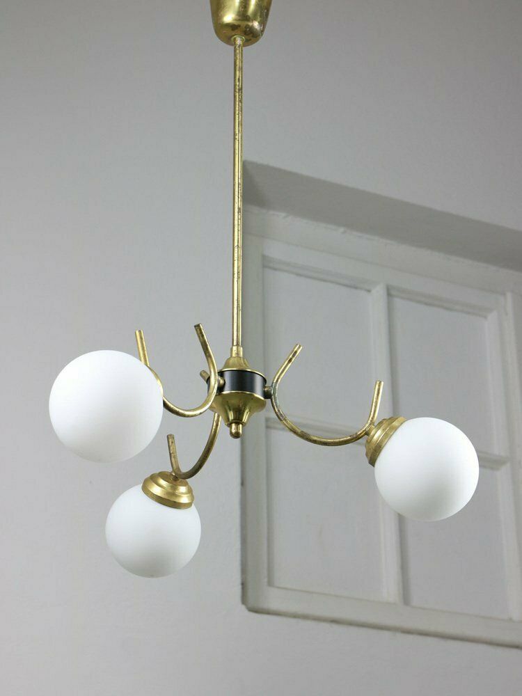 Mid Century Italian Chandelier In Brass And Opaline Glass photo 888.0