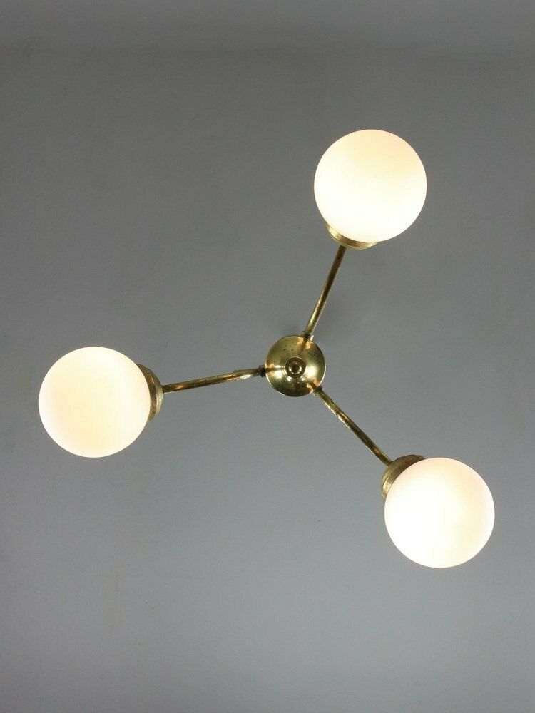 888.0 Mid Century Italian Chandelier In Brass And Opaline Glass photo