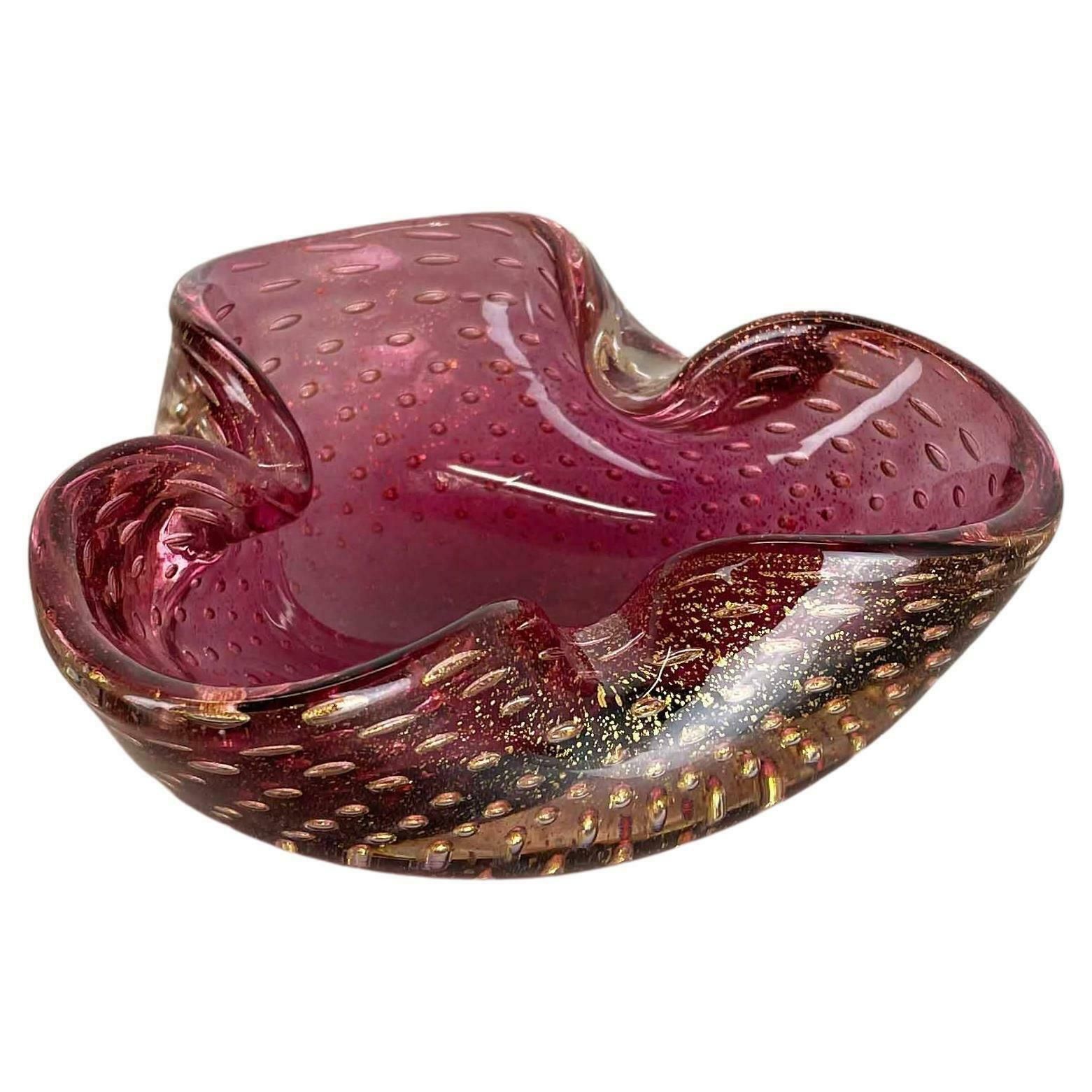 Murano Glass Pink Gold Dust Bowl Element Shell Ashtray Murano Italy 1970s