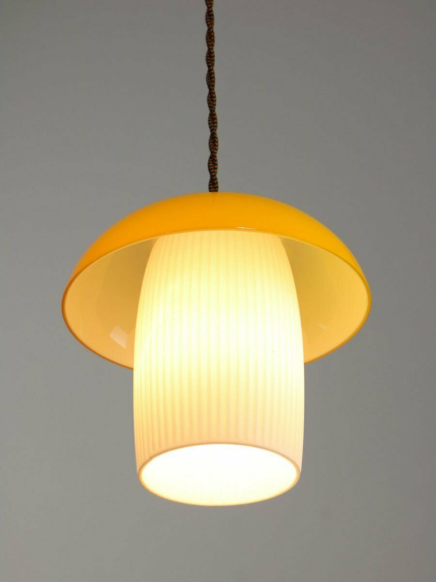 Mid Century Mushroom Pendant Lamp In Yellow Glass And Brass photo Lighting