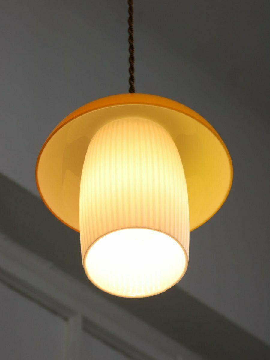 Mid Century Mushroom Pendant Lamp In Yellow Glass And Brass photo buy