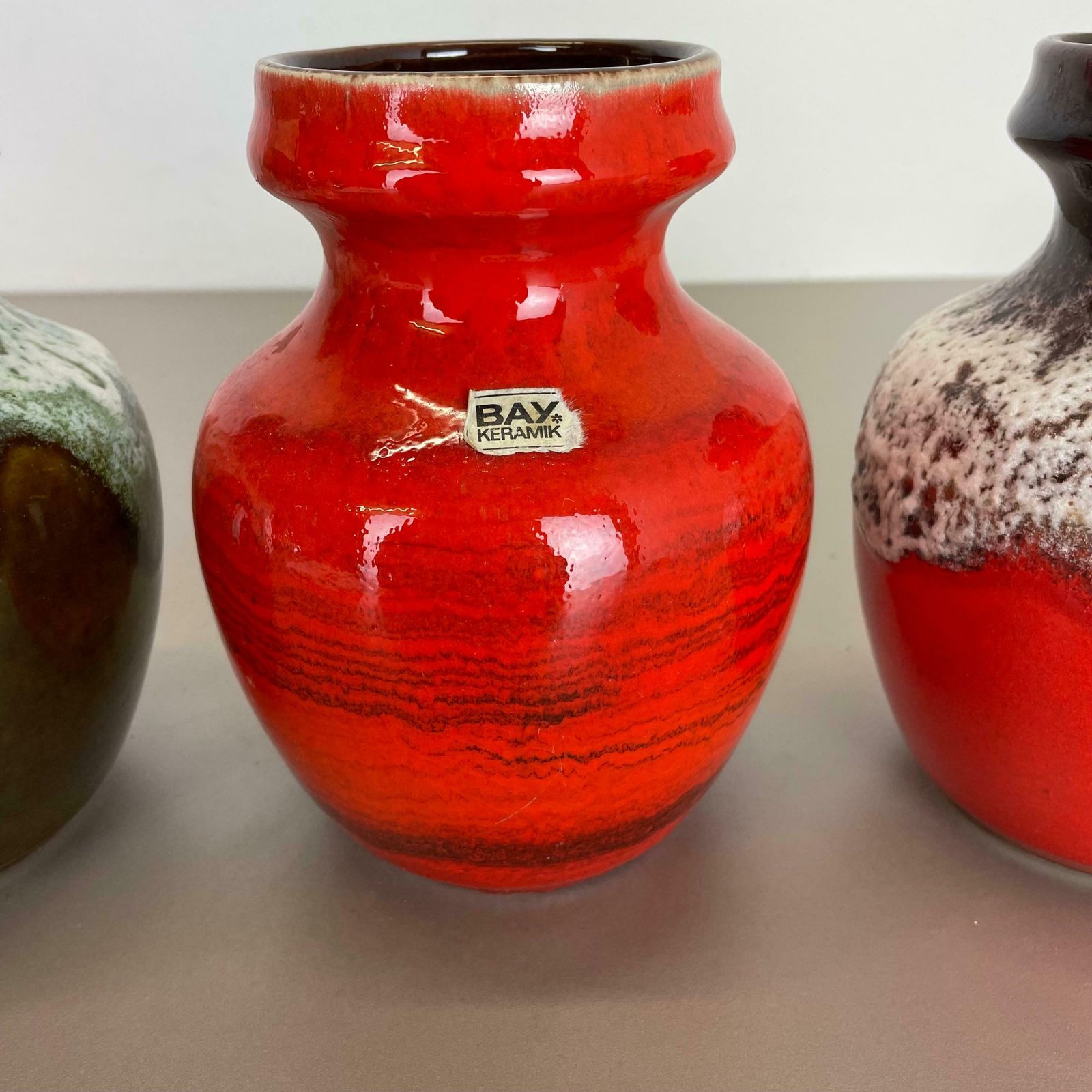 Set Of 3 Multi Color Fat Lava Op Art Pottery Vase Made Bay Ceramics, Germany photo vintage