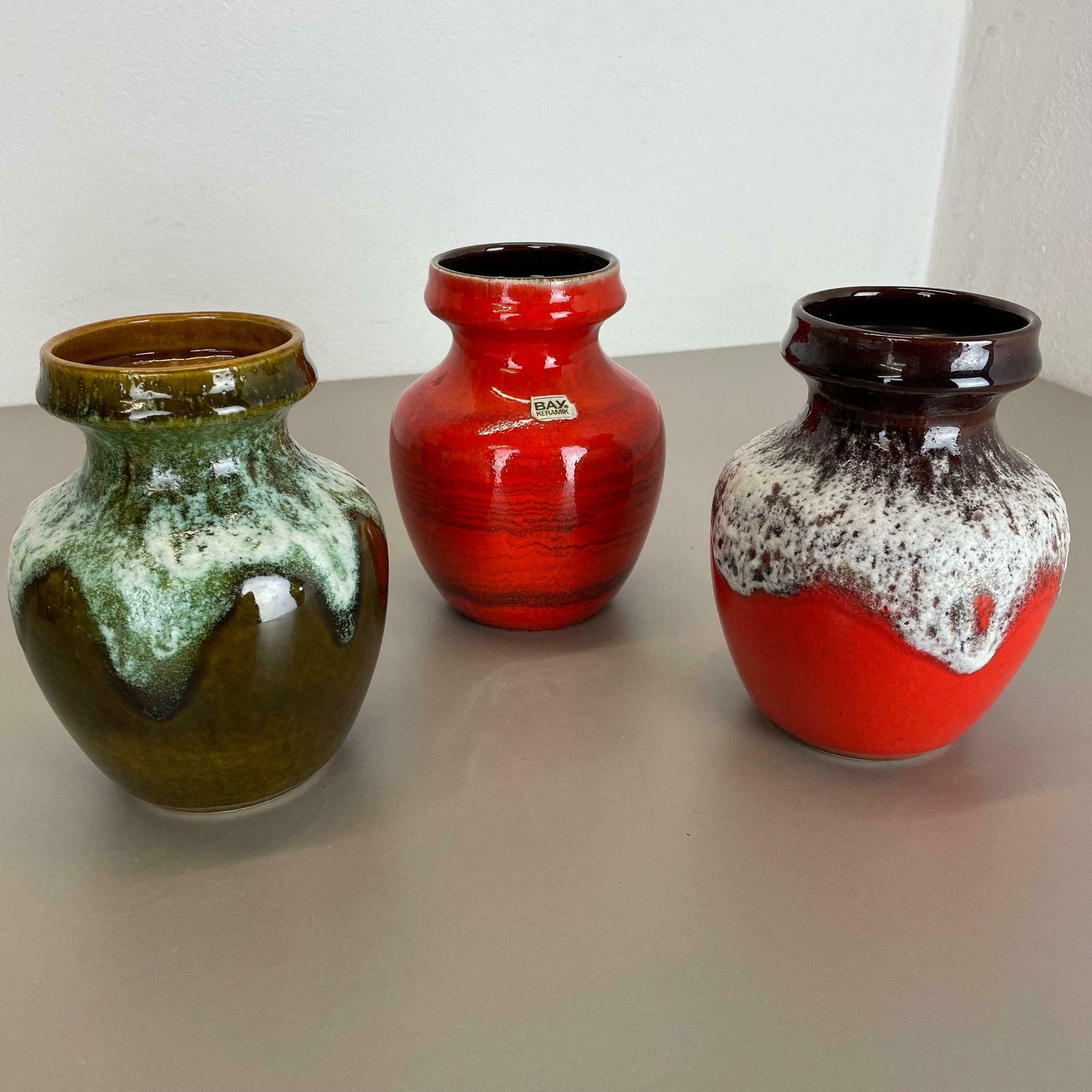 446.0 Set Of 3 Multi Color Fat Lava Op Art Pottery Vase Made Bay Ceramics, Germany photo