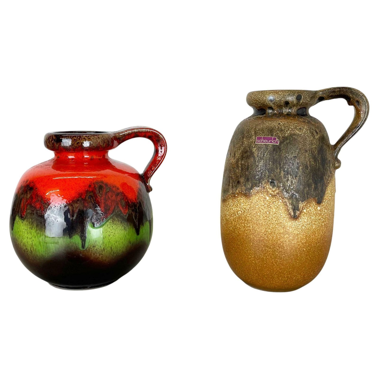 Set Of Two Pottery Fat Lava Vases "Multi Color" By Scheurich, Germany, 1970s