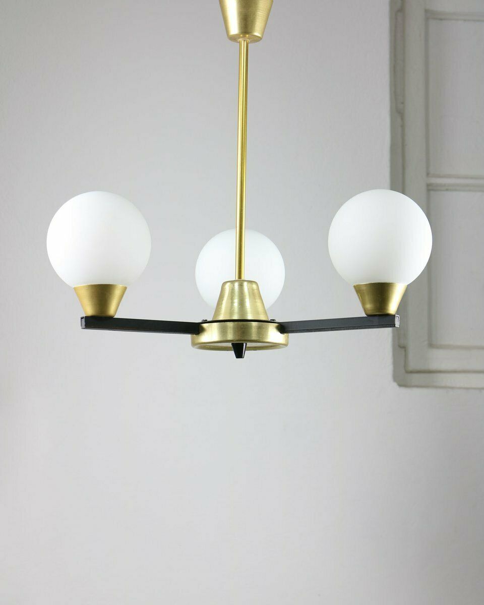 392.0 Vintage Italian Chandelier In Metal And Opaline Glass photo