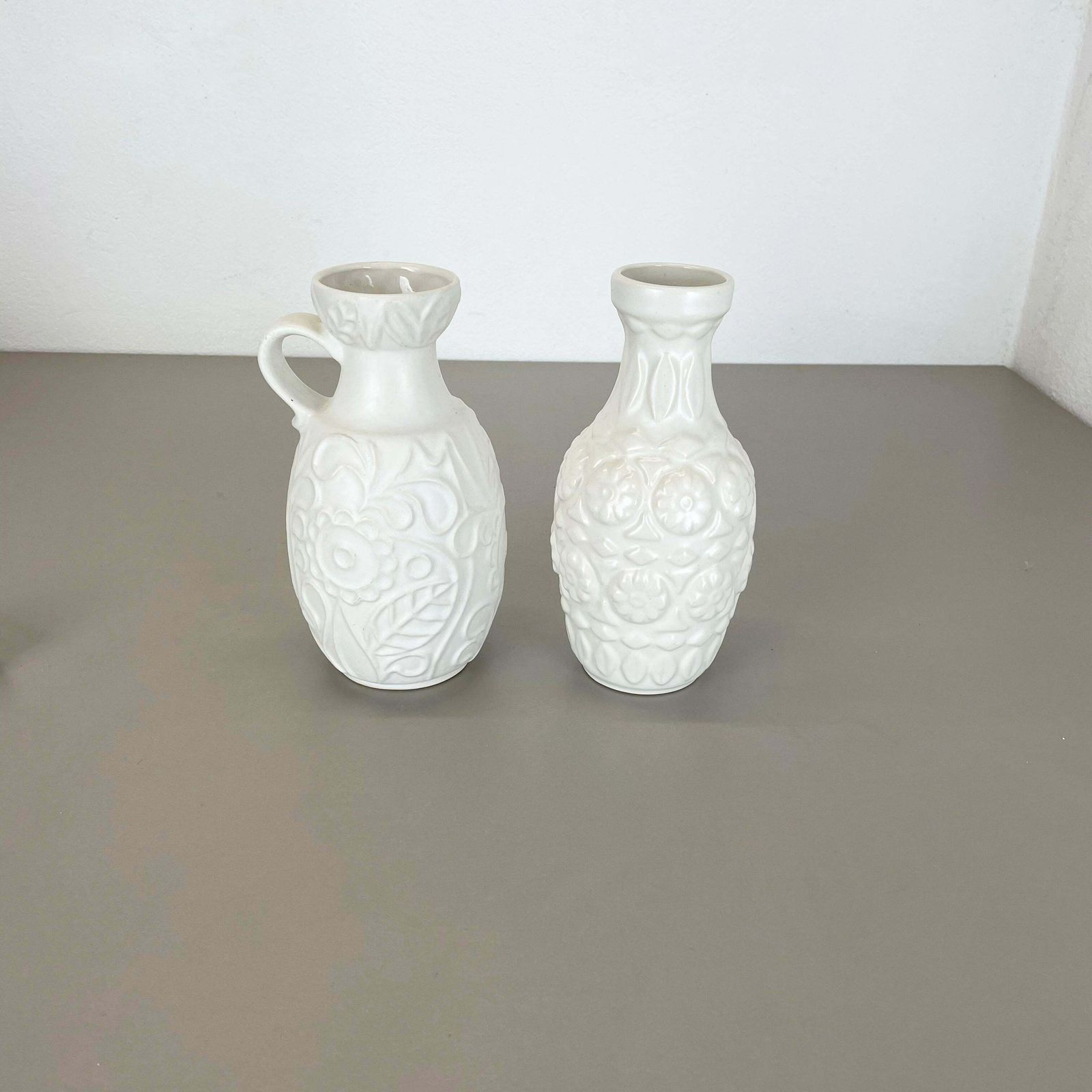 Set Of 2 White Floral Fat Lava Op Art Pottery Vase Made Bay Ceramics, Germany photo furniture