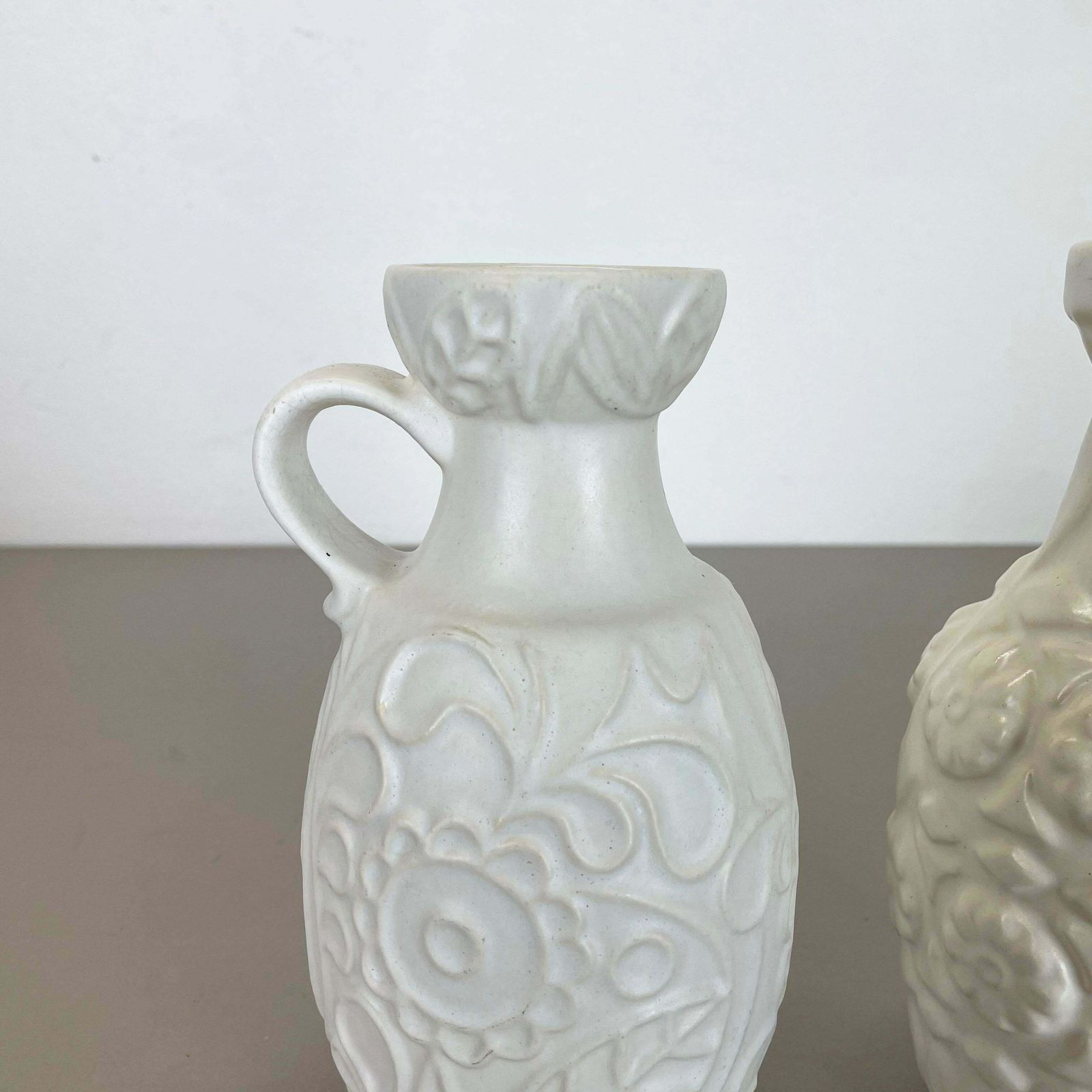 Set Of 2 White Floral Fat Lava Op Art Pottery Vase Made Bay Ceramics, Germany photo buy