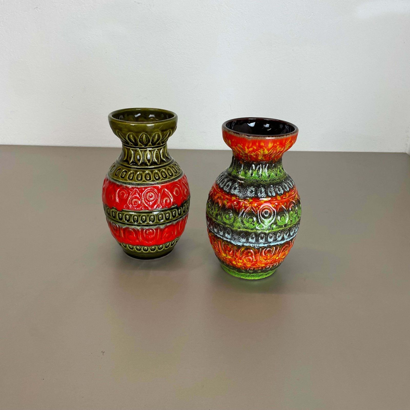Set Of 2 Multi Color Fat Lava Op Art Pottery Vase By Bay Ceramics Germany, 1970s photo for sale