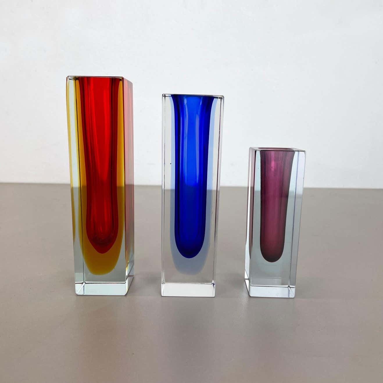 Rare Set Of 3 Multicolor Faceted Murano Glass Sommerso Cube Vases, Italy, 1970s photo furniture