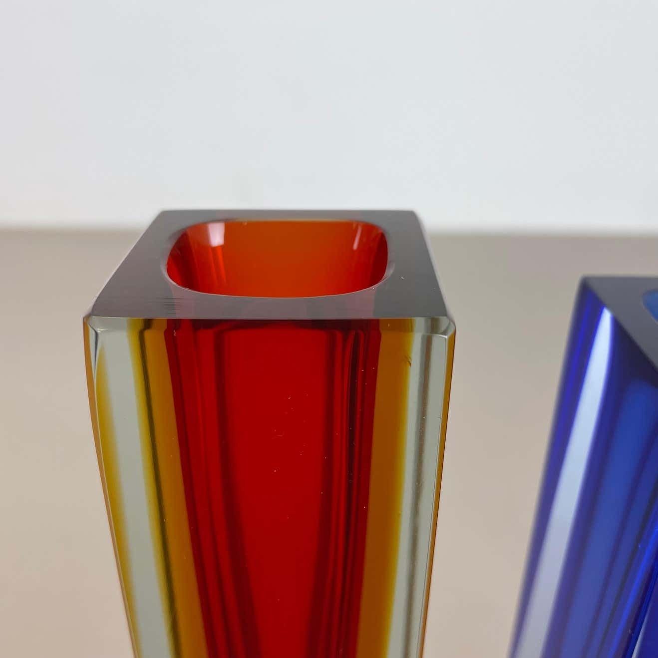 photo for sale Rare Set Of 3 Multicolor Faceted Murano Glass Sommerso Cube Vases, Italy, 1970s