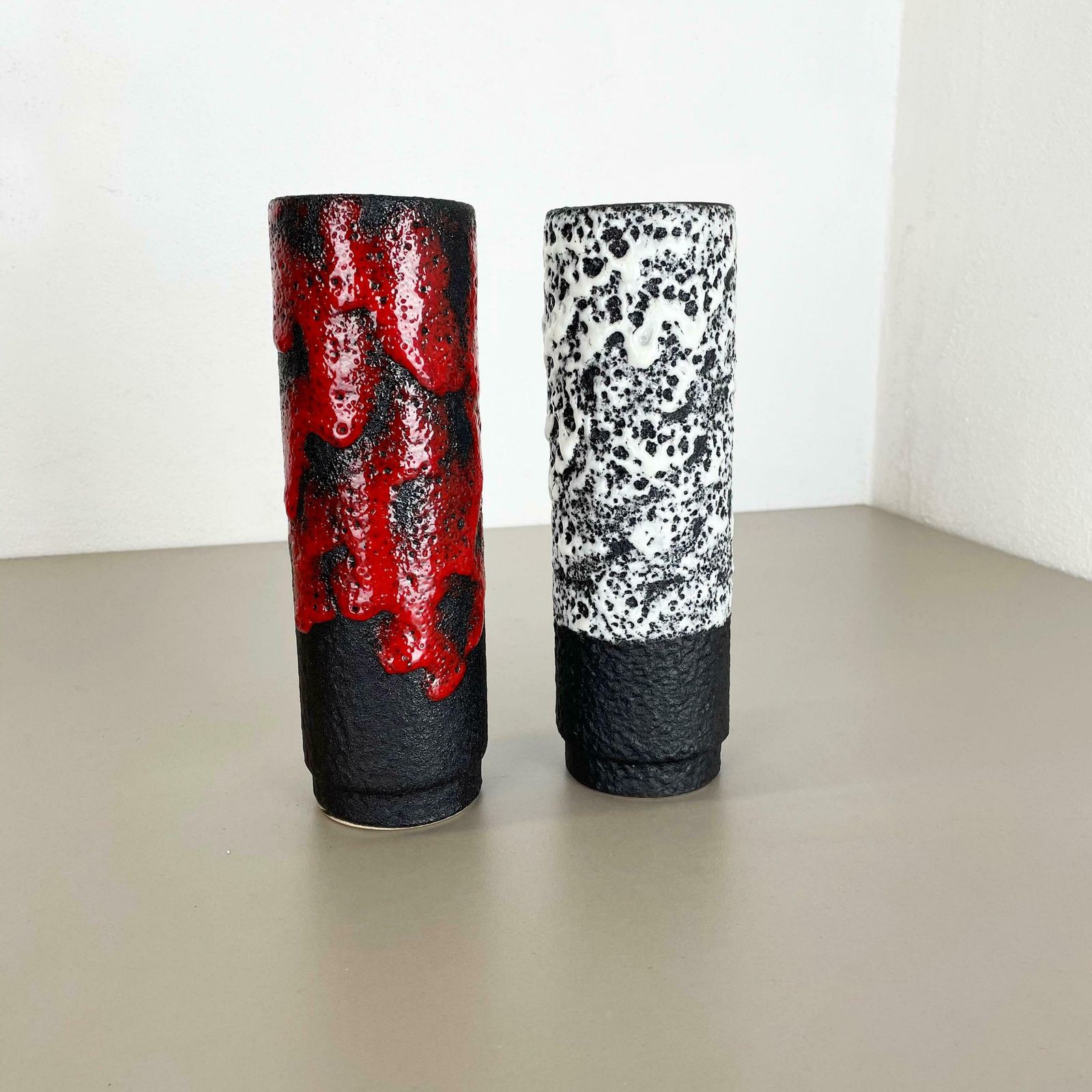 Set Of Two Pottery Fat Lava Vases Black Red White By Jopeko  Germany 1970s photo furniture