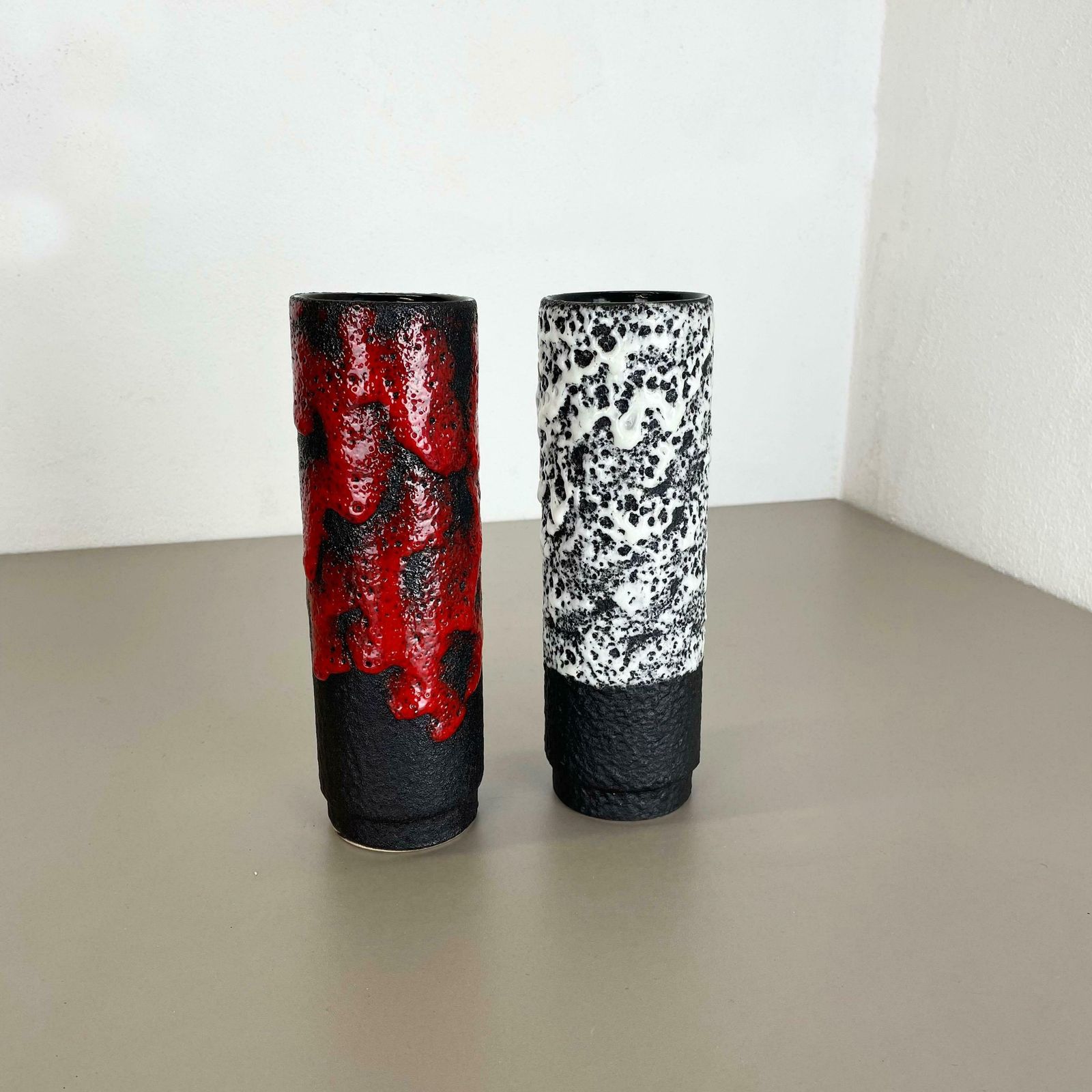 Set Of Two Pottery Fat Lava Vases Black Red White By Jopeko  Germany 1970s photo Home Decor