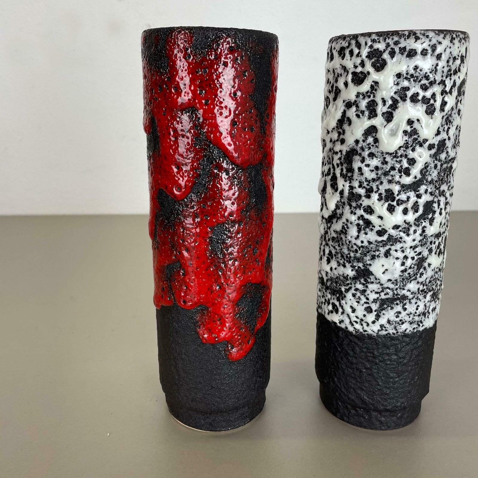 Set Of Two Pottery Fat Lava Vases Black Red White By Jopeko  Germany 1970s photo vintage
