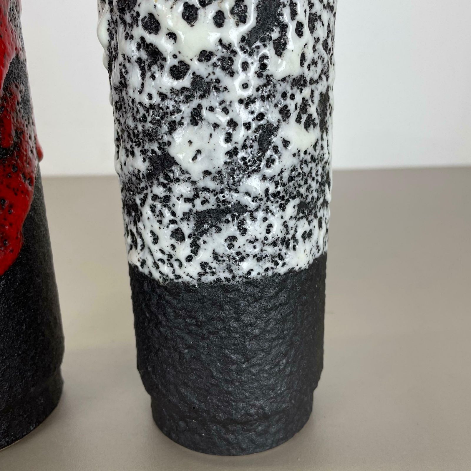 photo vintage Set Of Two Pottery Fat Lava Vases Black Red White By Jopeko  Germany 1970s