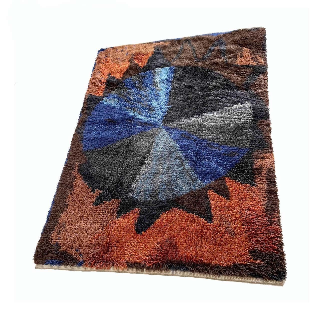 Abstract Scandinavian Multicolor High Pile Rya Rug Carpet, Sweden, 1960s photo for sale