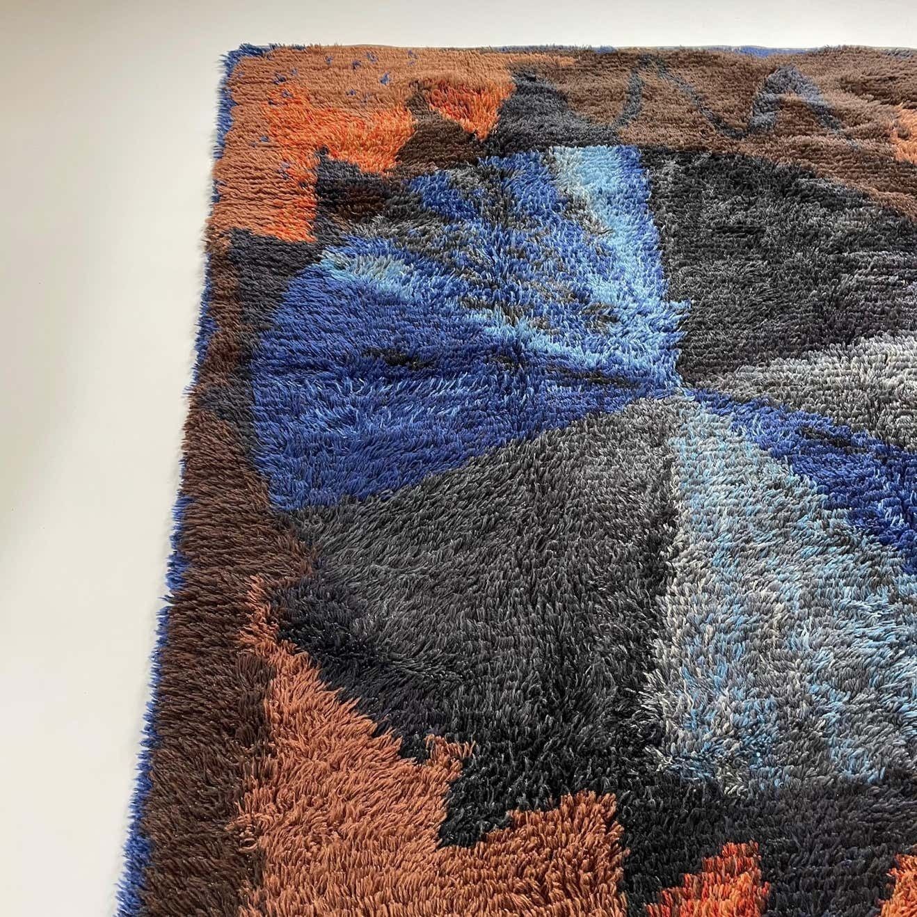 photo furniture Abstract Scandinavian Multicolor High Pile Rya Rug Carpet, Sweden, 1960s