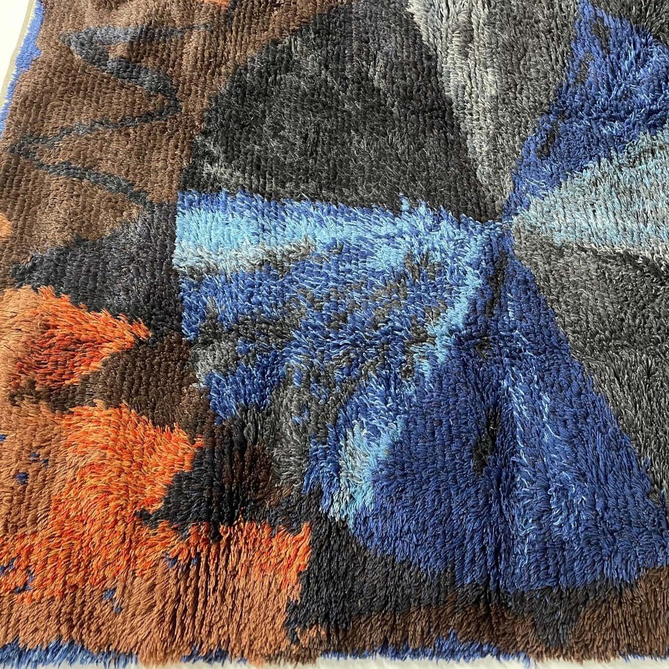 Textiles Abstract Scandinavian Multicolor High Pile Rya Rug Carpet, Sweden, 1960s photo