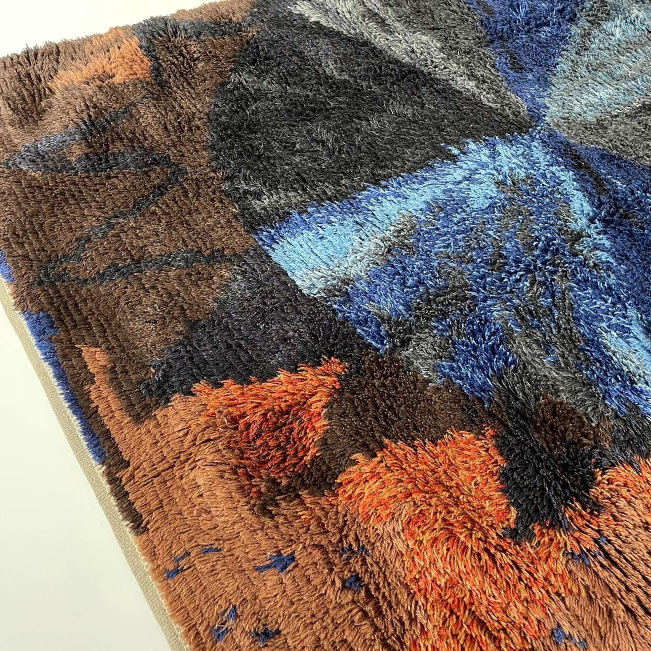 photo vintage Abstract Scandinavian Multicolor High Pile Rya Rug Carpet, Sweden, 1960s