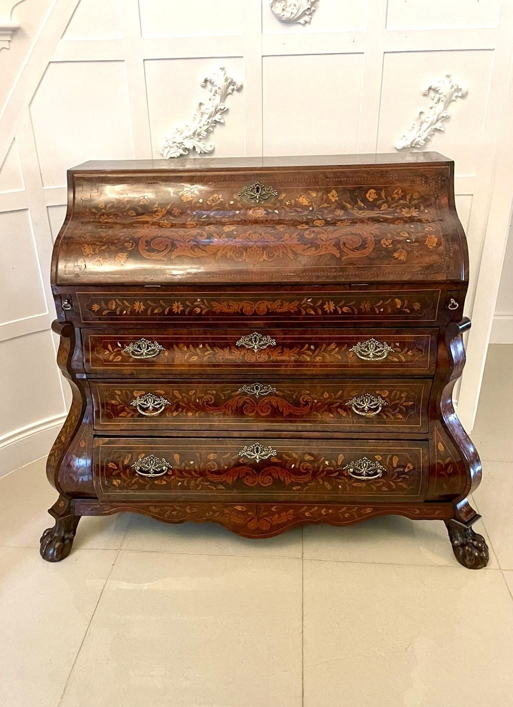 Antique 18th Century Quality Burr Walnut Floral Marquetry Inlaid Bombe Shaped Bureau