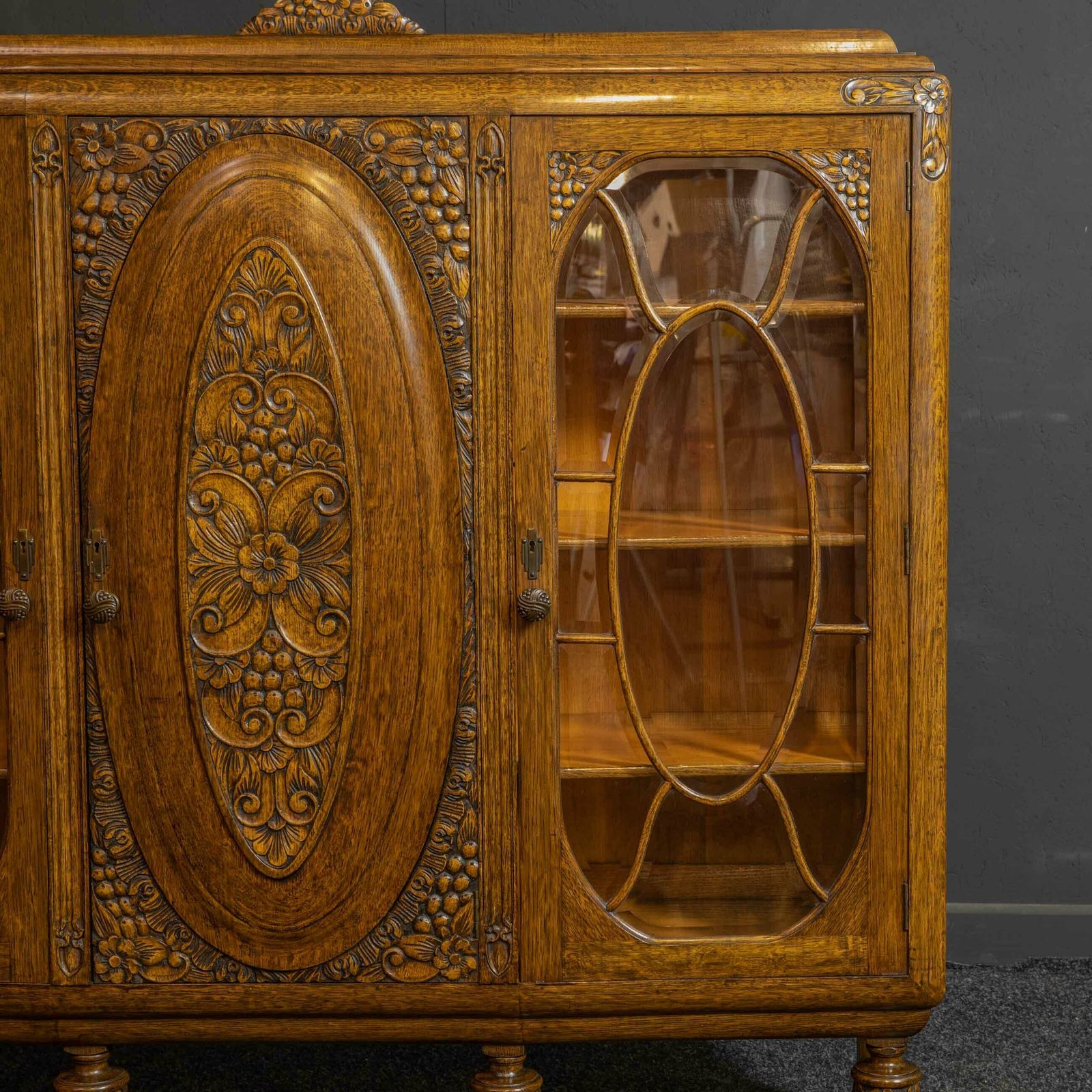 Furniture Early 20th Century Carved Oak Bookcase photo