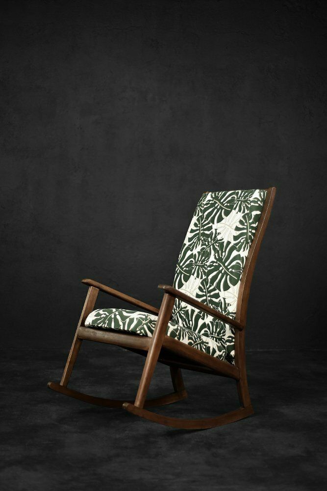 Danish Modern Rocking Chair In Wood And Monstera Leaf Pattern Fabric, 1960s photo buy