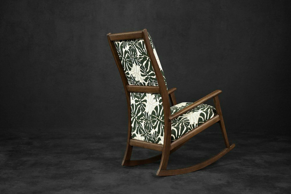 photo furniture Danish Modern Rocking Chair In Wood And Monstera Leaf Pattern Fabric, 1960s