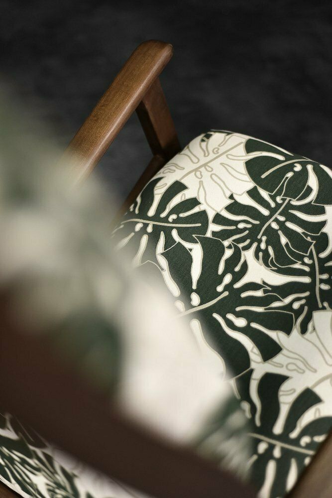 photo for sale Danish Modern Rocking Chair In Wood And Monstera Leaf Pattern Fabric, 1960s
