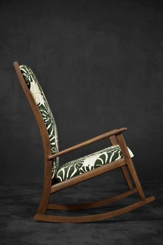 1529.0 Danish Modern Rocking Chair In Wood And Monstera Leaf Pattern Fabric, 1960s photo