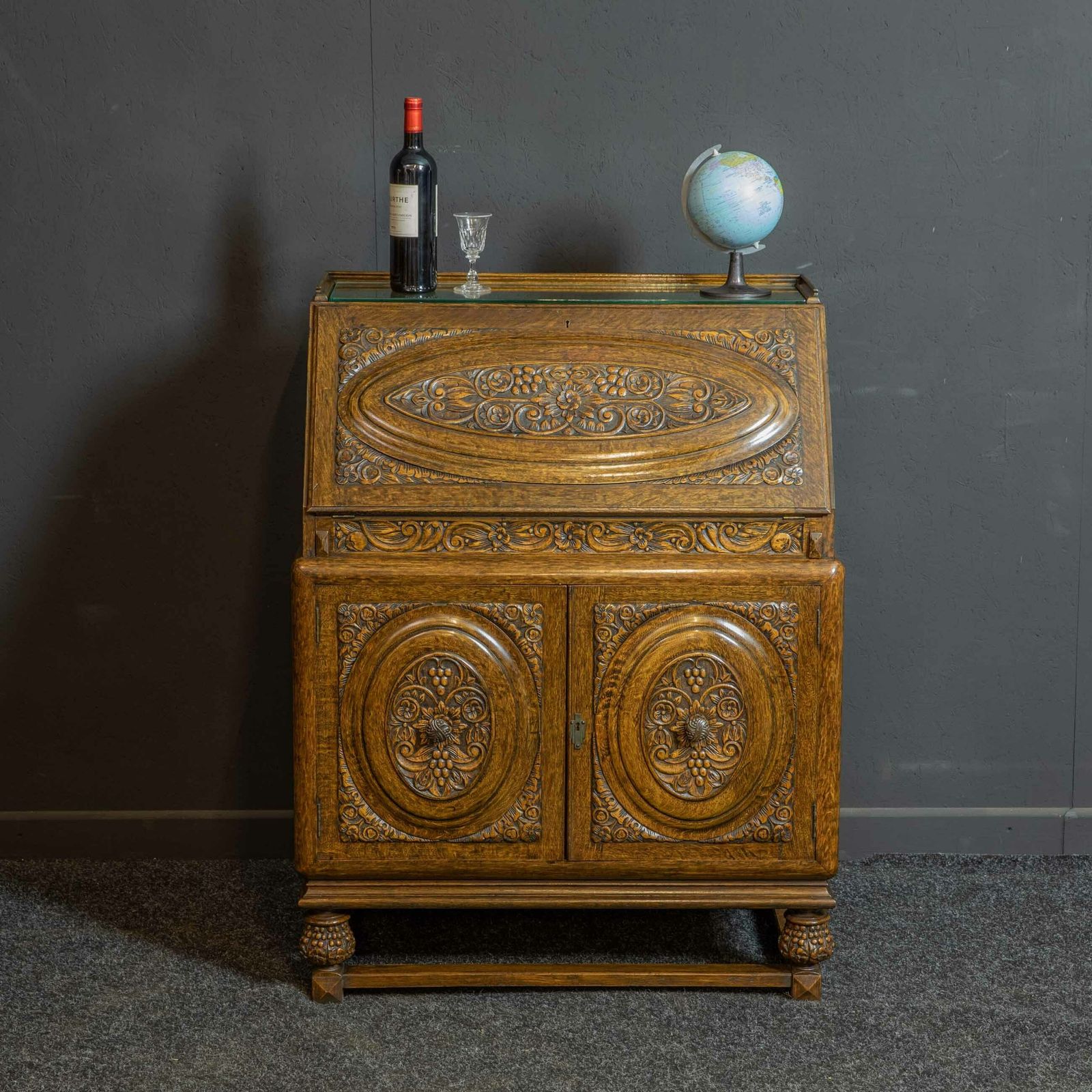 Early 20th Century Carved Oak Bureau photo Furniture