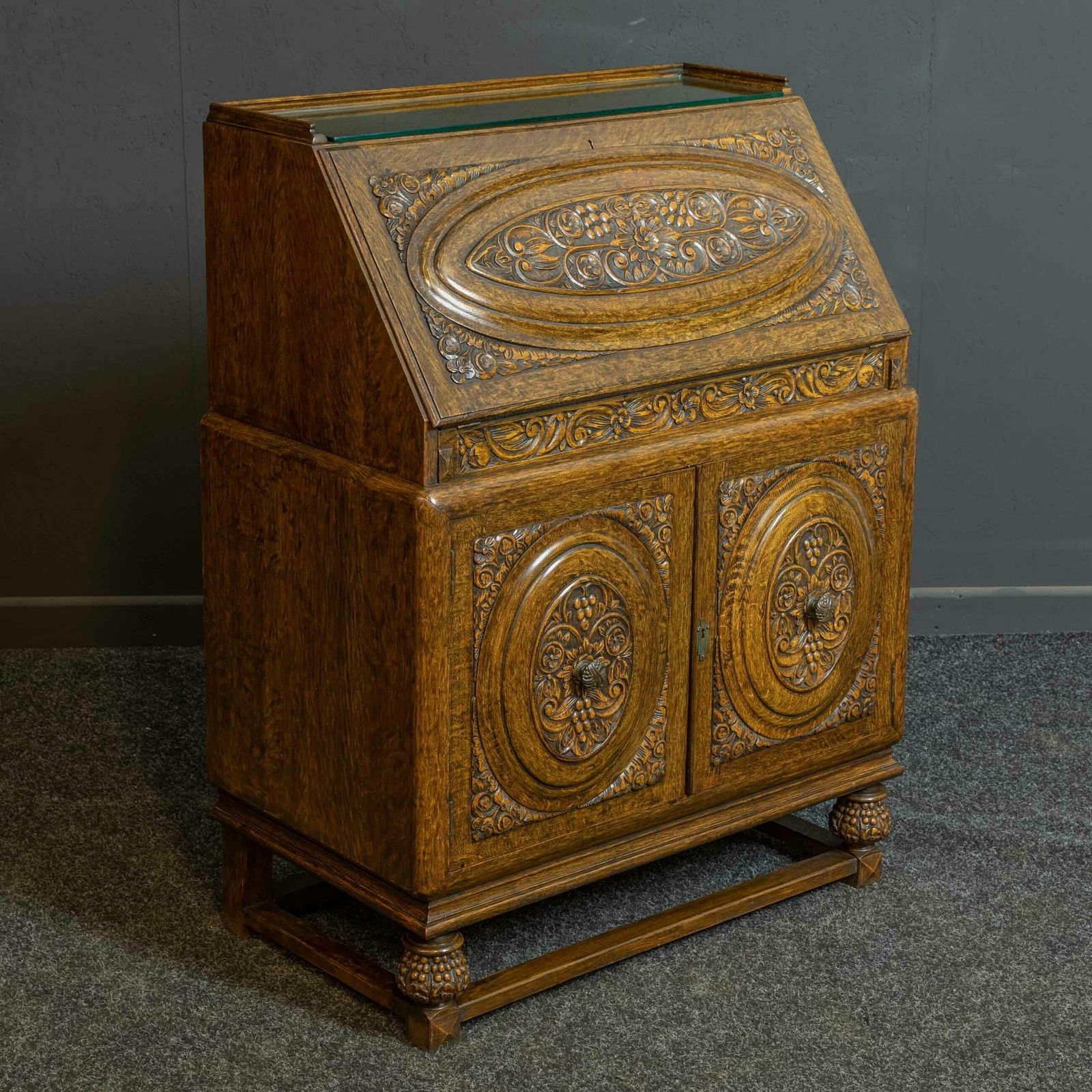 Early 20th Century Carved Oak Bureau